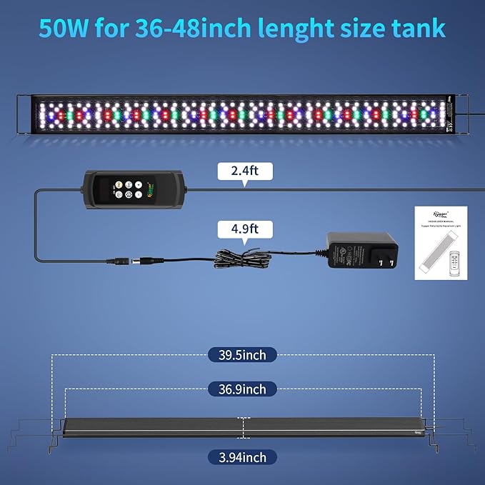 hygger Aquarium Light, 50W Full Spectrum Fish Tank LED Light, 24/7 Remote Control Adjustable Timer, Brightness and Color, Extendable Bracket, Power-Off Memory Plant Growth Lamp, Fits 36-48 Inch Tank
