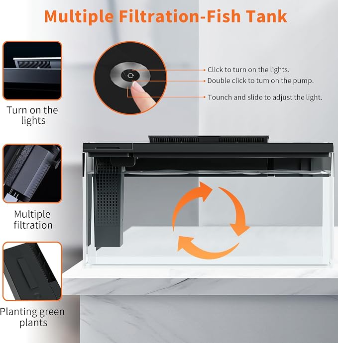 ERAARK 3.7 Gallon Betta Fish Tank self Cleaning,Smart Aquarium Aquarium kit with Filter Light Water Pump (Black)