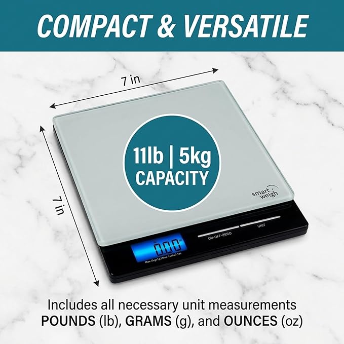 Smart Weigh Professional USPS Postal Scale with Tempered Glass Platform, Multiple Weighing Modes and Tare Function, Silver Shipping Scale, Platform Scale, 11 pounds/ 5 Kilograms