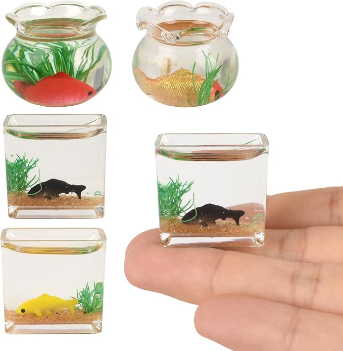 4Pcs Mini Size Fish Bowl Set, The Round and Square Glass Fishbowl, Miniature Landscape Accessories Home Decor Supplies