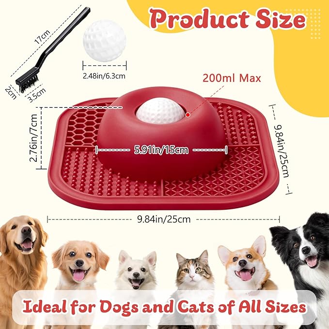 PetsHome Slow Feeder Dog Bowls & Lick Mat for Liquid and Thick Treat, Anti-Slip Dog Lick Bowl with Interactive Rolling Ball, 5/6 Cup Pup Licking Toy for Large Medium Small Dogs and Cats Red