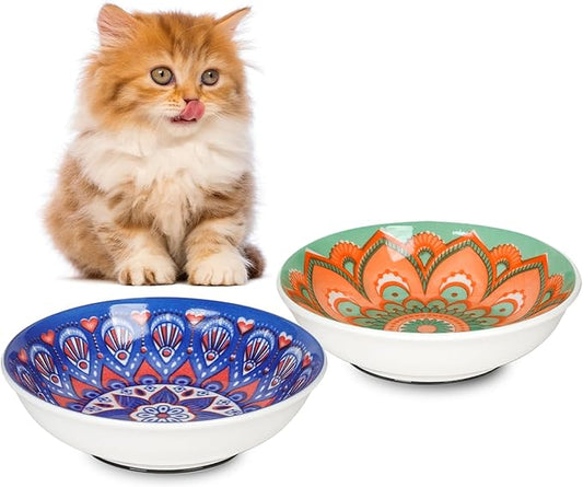 HAPPY KIT Ceramic Cat Food Bowl Set of 2, 5.75 inch Wide Shallow Cat Bowls/Dishes for Indoor, with Non-Slip Silicone Bottom, Whisker Friendly
