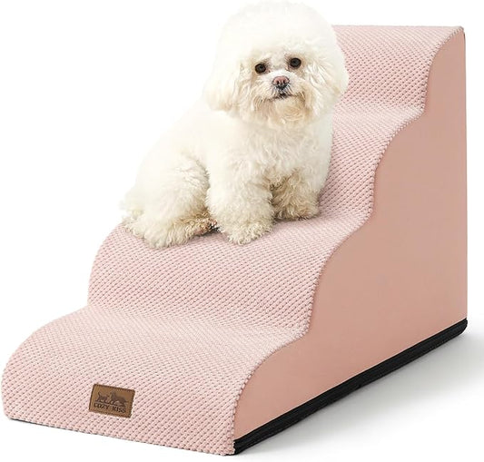 COZY KISS Dog Stairs for Small Dogs 19.7" H, Curved Dog Step for Puppy, Older or Cat, Medium Pet Ramp for Sofa, Couch or Bed, Ladder with High Density Foam, 4 Step, 15.7x28.3x19.7 inch, Pink