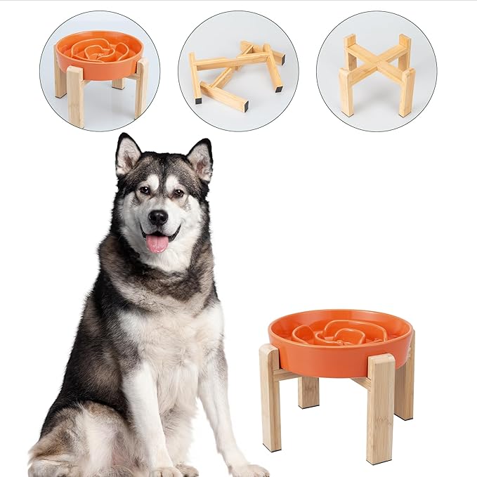 Elevated Slow Feeder Dog Bowl Large Breed, 8.8 Inch Ceramic Slow Eating Bowl with Bamboo Stand, Anti-Choking Raised Maze Design for Medium to Large Dogs, 3.2 Cup, Orange