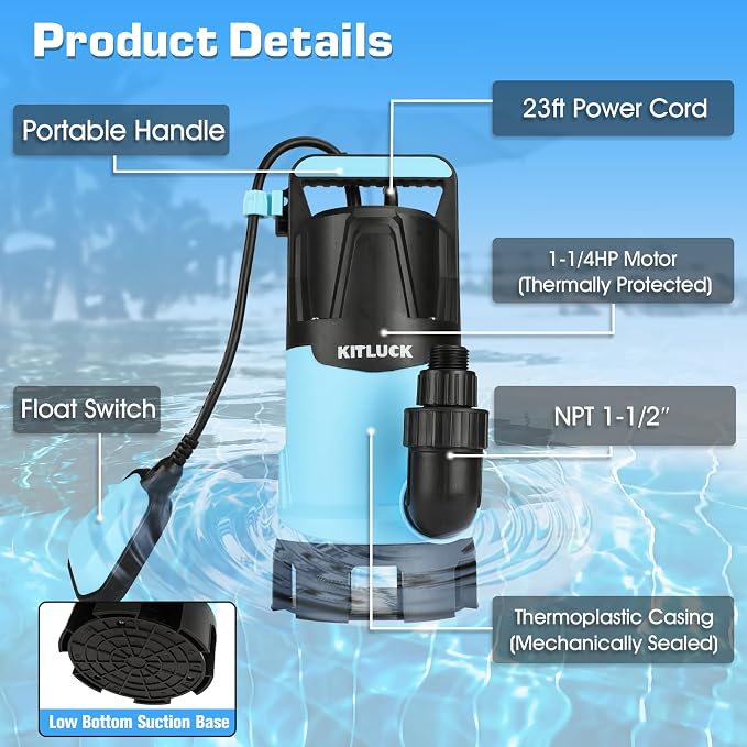 KITLUCK Submersible Water Pump, 1-1/4HP 4500GPH High Flow Sump Pump with Float Switch, 23ft Power Cord, Portable Utility Water Pump for Swimming Pool, Garden Pond, Flood Basement, Tub Water Removal