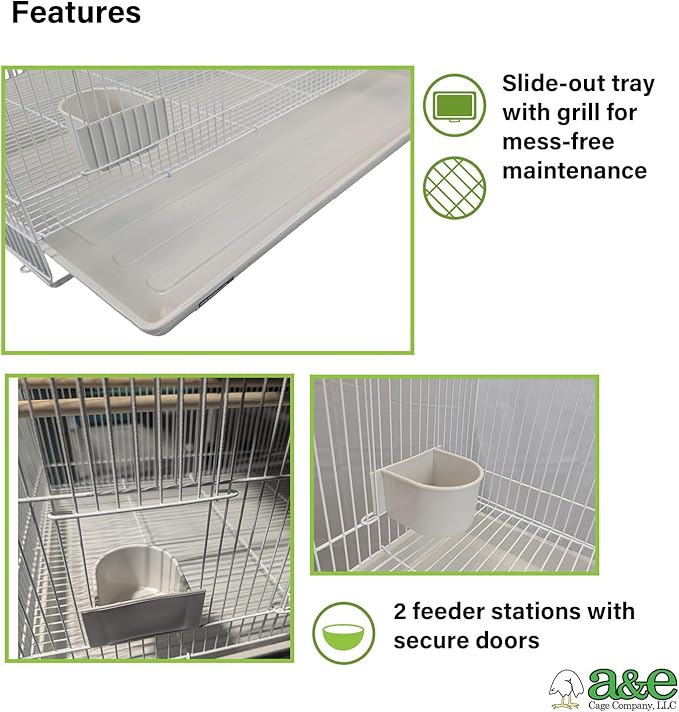 A&E Cage Co 503 White SP Flight Bird Cage – 24" x 16" x 16" Small Bird Cage for Finches, Canaries & Parakeets – Includes 2 Feeder Stations, Wood Perch, Slide-Out Tray & Carry Handle (White)