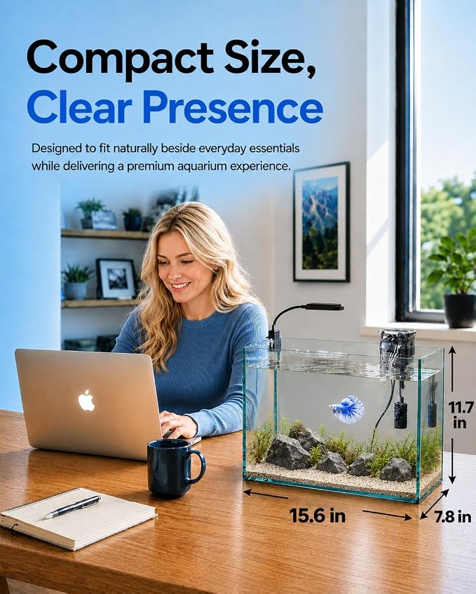 5-Gallon Ultra-Clear Glass Fish Tank Starter Kit, LED Light, Reusable 3-Stage Filter, Lid, Easy Maintenance Rimless Aquarium for Betta and Small Fish