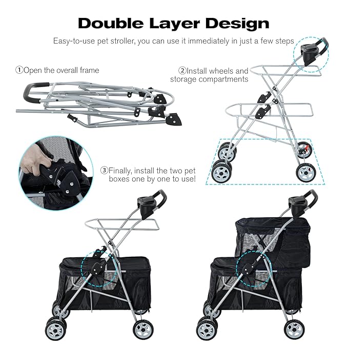 HCY Double Pet Stroller for Cats & Dogs - 4 Wheels, Lightweight, Waterproof for Travel & City Walk (Black)