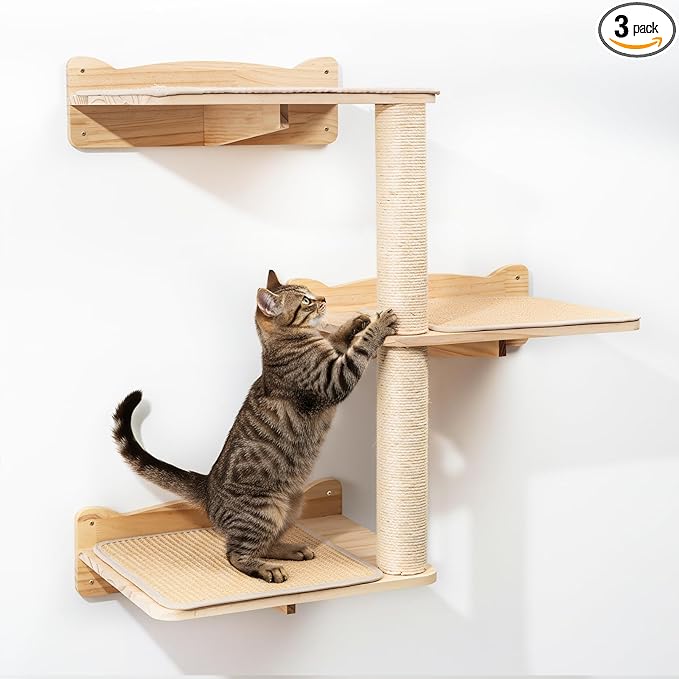 Cat Wall Shelves, 3-Tier Cat Shelves with Sisal Scratching Post, Sisal Mat Solid Pine Wood Wall Mounted Cat Climbing Furniture, Modular Design