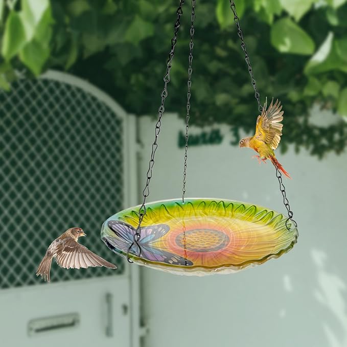 Hanging Bird Baths Outdoor Glass Birdbaths Garden Bird Feeder for Yard Lawn Decor Sunflower