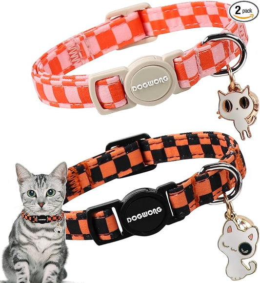 2 Pack Fall Cat Collars Breakaway with Bell, DOGWONG Safety Buckle Orange Plaid Halloween Cute Cat Collar for Girl Boy Cats，Adjustable 7-12 Inch