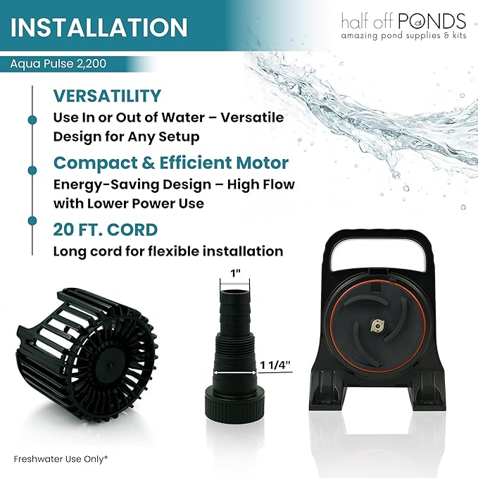 HALF OFF PONDS Submersible Water Pump, 2,200 GPH Pond Pump with 20FT Power Cord and 15FT Max Head, 120W Ultra Quiet Energy Efficient Pump for Koi Pond, Fountain, Waterfall, Water Garden, Skimmer