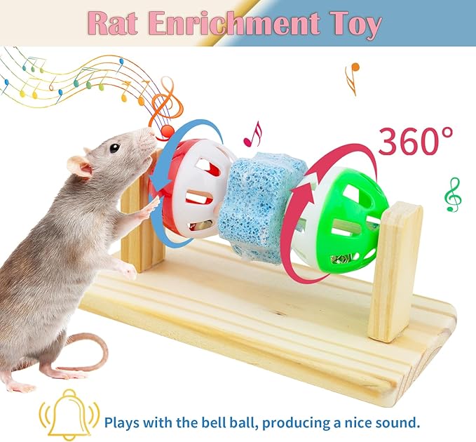 Hamster Enrichment Bell Ball Toys, Natural Guinea Pig Chewing Calcium Stone for Teething, Interactive Wooden Small Anima Cage Toys for Rats, Syrian & Dwarf Hamsters Playing Teeth Grinding