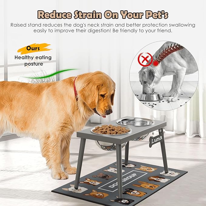 ADENGL Raised Dog Bowl Stand for Large Dogs, 10” Tall Elevated Feeder with Spill-Proof Mat, Stainless Steel 58OZ Bowls for Food & Water, Gray Color (Mat Size: 16x24”)