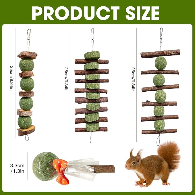 Jorewood 3 Pcs Bunny Chew Toys with 3 Pcs Rabbit Chew Lollipop for Teeth Grinding, Improve Dental Health, Treats for Rabbits Guinea Pigs Chinchillas Bunnies Hamsters