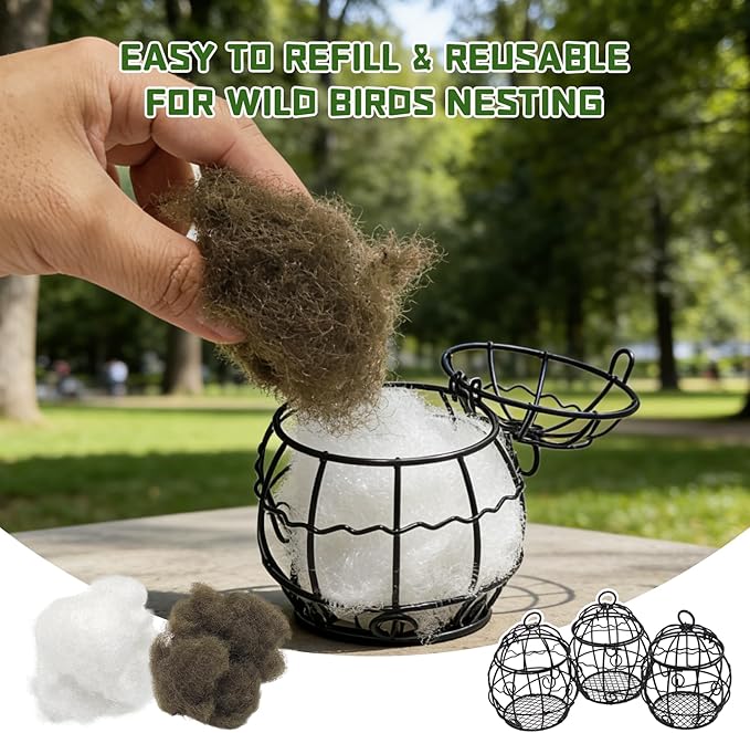 4PCS Bird Nesting Material Holder with 4PCS Nesting Cotton - Rust-Resistant Metal Hanging Nesting Balls for Outdoor Garden, Patio, Tree - Ideal for Hummingbirds, Finches, Canaries & Other Small Birds