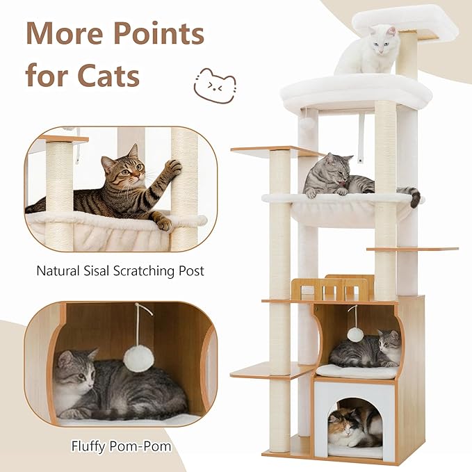 Gitelsnour Cat Tree, 70.9 Inch Wood Cat Tower for Large Cats Adult, Modern Cat Furniture with Double-Layer Wooden Cat Condo, 2 Platforms, Large Hammock and Scratching Posts, Walnut GCT102WB
