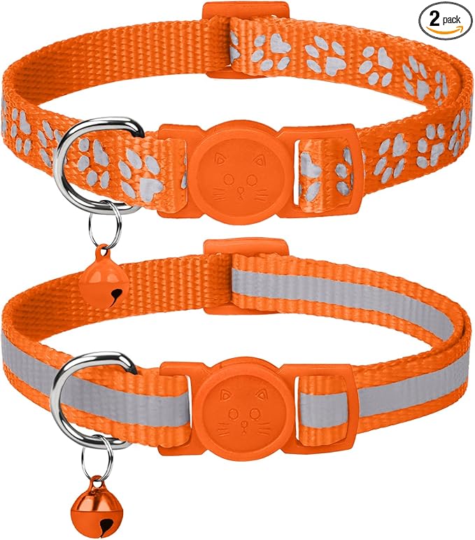 Taglory Reflective Cat Collar Breakaway with Bell, High Visibility Night Strip, Lightweight Adjustable Nylon Collar for Boy Girl Cats, 2 Pack, 7.5-12.5 Inch, Orange