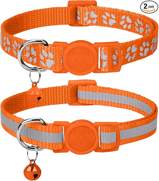 Taglory Reflective Cat Collar Breakaway with Bell, High Visibility Night Strip, Lightweight Adjustable Nylon Collar for Boy Girl Cats, 2 Pack, 7.5-12.5 Inch, Orange