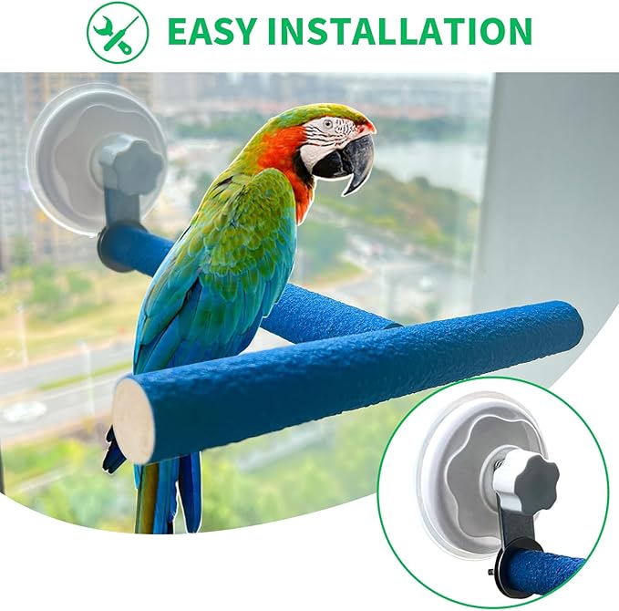 FlidRunest Movable Bird Perch Stand with Suction Cup for Window/Mirror/Car/Shower, Quartz Sands Wood Bird Training Perch Stand for Parrot Parakeet Cockatiel Conure Budgie Lovebird
