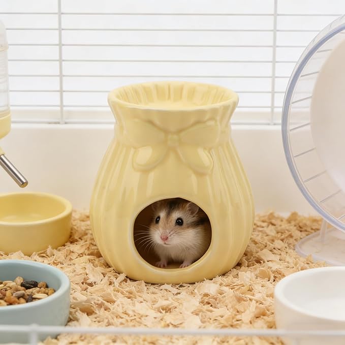 Hypeety Ceramic Hamster Hideout Habitat House for Small Animals Gerbil Dwarf Hamster Mice Cool House for All Season Cute Decor Hut (Yellow)