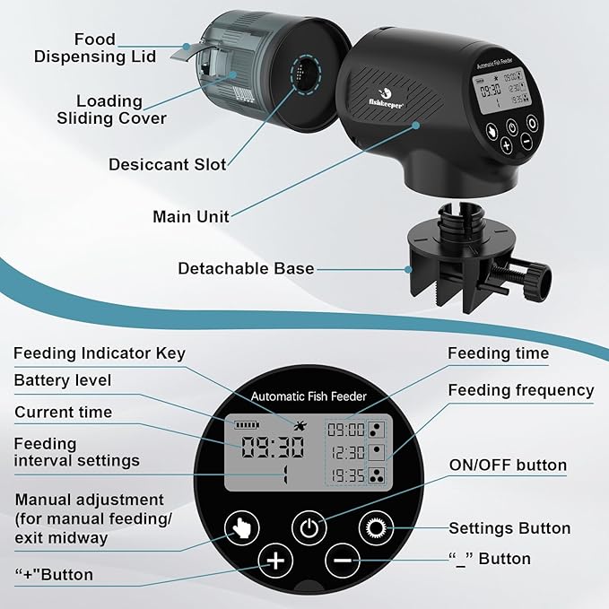 fishkeeper Automatic Fish Feeder for Aquarium: Moisture-Proof Auto Precision Feeders Dispenser with LCD Display for Small Tank Turtle Betta Koi - Battery Food Feeding Timer for Vacation Weekend Day