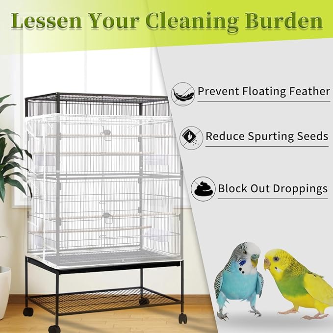 Daoeny 2PCS Bird Cage Seed Catcher, Large Bird Cage Cover, Adjustable Soft Airy Nylon Mesh, Birdcage Cover Skirt Seed Guard for Parrot Parakeet Macaw Round Square Cages (White & White)