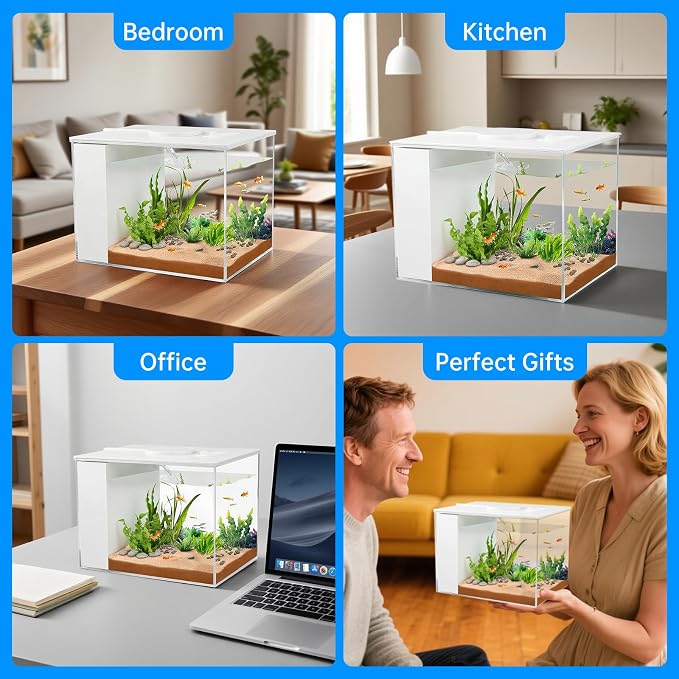 Betta Fish Tank Small Aquarium 1 Gallon Self Cleaning Fish Tank Starter Kit with Filter,Light and Adjustable Water Pump All-in-one Smart Desktop Aquarium for Shrimp Goldfish (Upgrade Filter Media)
