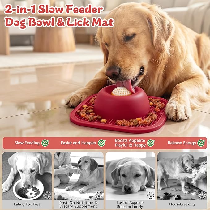 PetsHome Slow Feeder Dog Bowls & Lick Mat for Liquid and Thick Treat, Anti-Slip Dog Lick Bowl with Interactive Rolling Ball, 5/6 Cup Pup Licking Toy for Large Medium Small Dogs and Cats Red