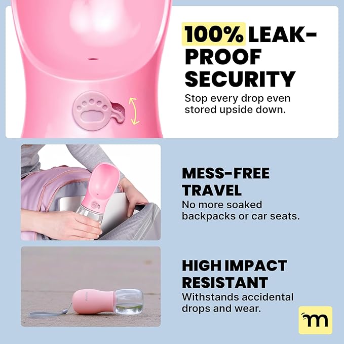 MalsiPree Leak-Proof Portable Dog Water Bottle for Travel - 19 oz, with Pink Bowl - Food Grade Plastic - Dog Bowls - Puppy Essentials - Pet Water Bottle for Trail Hiking, Park Visit & Beach Days