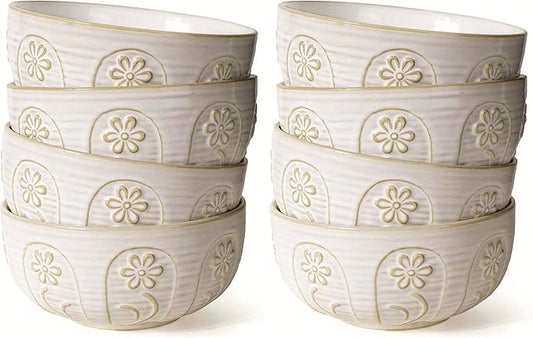 Artena Soup Bowls 32 OZ, Cereal Bowls Set of 4, White Embossment Ceramic Ramen Bowl for Salad, Dinner, Pho, Noodle, Pasta, Snacks, Dishwasher Microwave Safe, 6.3 Inch, Pinwheel Flower (Pack of 2)