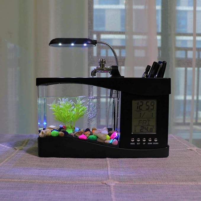 Mini Fish , Multifunctional USB Rechargeable Fish Desktop Electronic Aquarium with Clock Function LED Light Pen Holder for Office, Home
