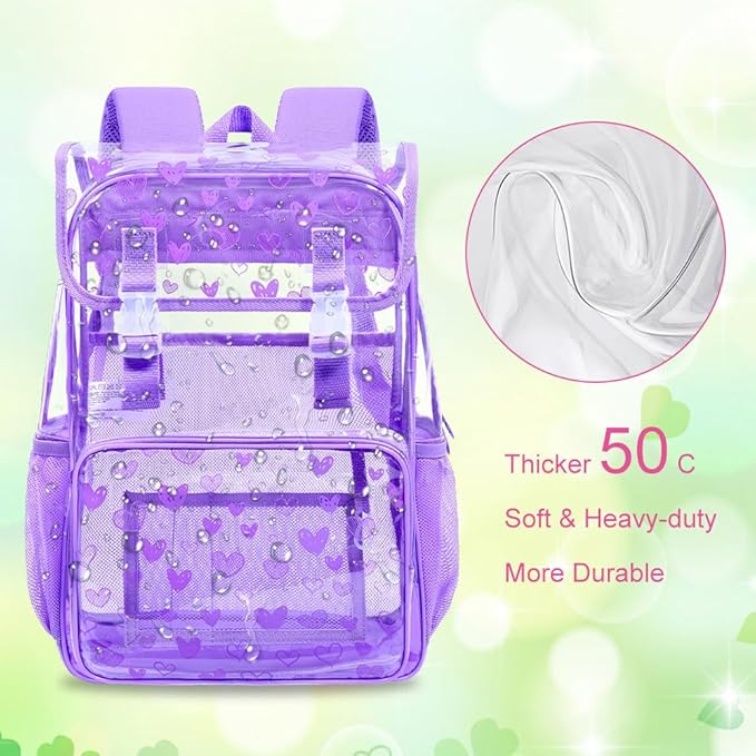 17" Love Heart Clear Backpack for Girls - 3Pcs Flip Design Stadium Approved Set, Campus/Travel Transparent Bookbag (Purple)