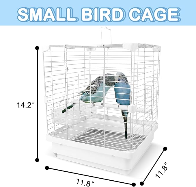 Small Bird Cage - 12x12x14.6 in Lightweight Travel Outdoor Birdcage for Parakeets, Budgies & Canaries and More Small Birds, Bird Carrier with Handle, Stand, Removable Tray, Portable for Hanging, White