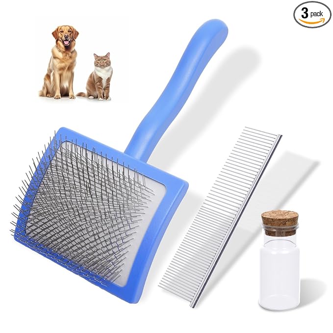 3PCS Slicker Brush for Dogs & Pet Comb,Professional Dog Grooming Brush (Goldendoodles,Poodles,Labradoodles) with Extra Long Pins to Effectively Remove Tangles, Knots,Mats Hair Collection Bottle (Blue)
