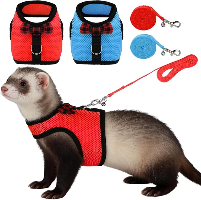 Rypet Small Animal Harness and Leash - Soft Mesh Pet Harness with Safe Bell, No Pull Comfort Padded Vest for Small Pet Red+Blue S