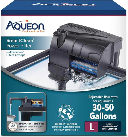 Aqueon SmartClean Power Filter with EcoRenew Filter Cartridge, Quick and Easy Water Changes, Quiet Operation, Adjustable Flow, for 30-50 Gallon Freshwater and Saltwater Aquariums, Large