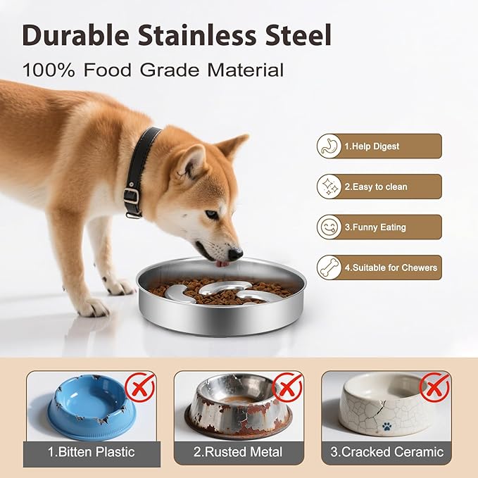 Slow Feeder Dog Bowl Stainless Steel, 2 Cups Heavy Duty with Non-Slip Base Dog Food Bowls for Small Medium Large Breed Size Dogs to Slow Down Eating