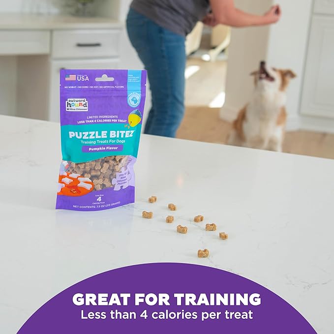 Outward Hound by Nina Ottosson Puzzle Bitez USA Made Dog Treats, Pumpkin Flavor, Bite-Sized Training Reward and Interactive Puzzle Toy Treats, 7.5oz