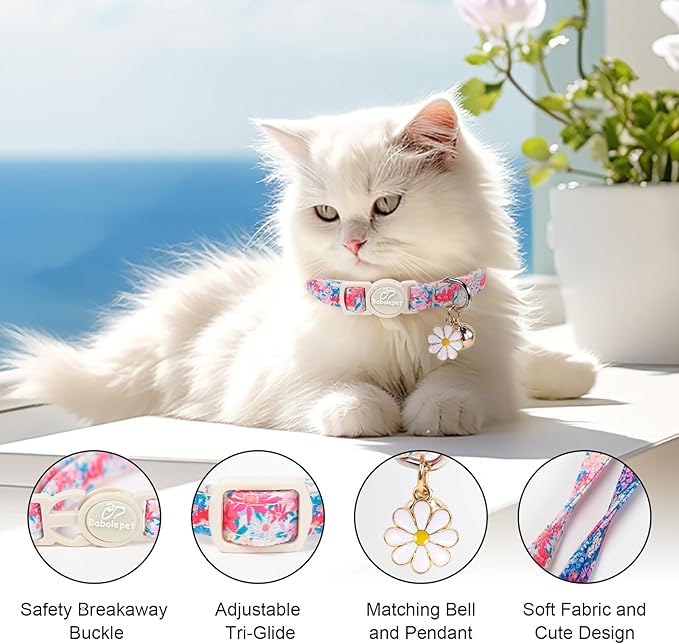2 Pack Floral Cat Collars - Spring Summer Wildflower Breakaway Safety Cat Collars, Adjustable Soft Boy Girl Kitten Collar for Small Dogs Puppy, Cute Pet Collar with Bell & Pendant
