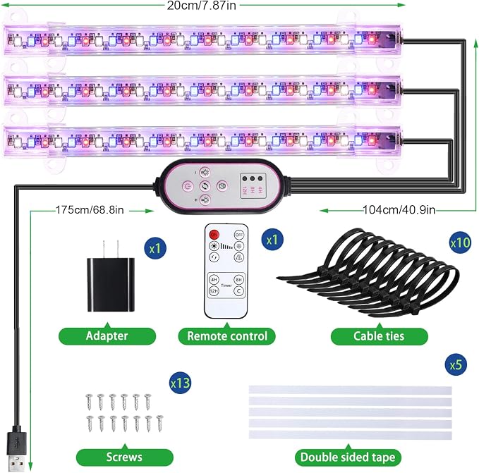 7.8'' 3 Head LED Grow Light Strips, Grow Lamps for Indoor Plants Full Spectrum, Plant Light with 4/8/12H Timer, 10 Dimmable Levels for Seedling Succulent,Best Match for Plant Shelf