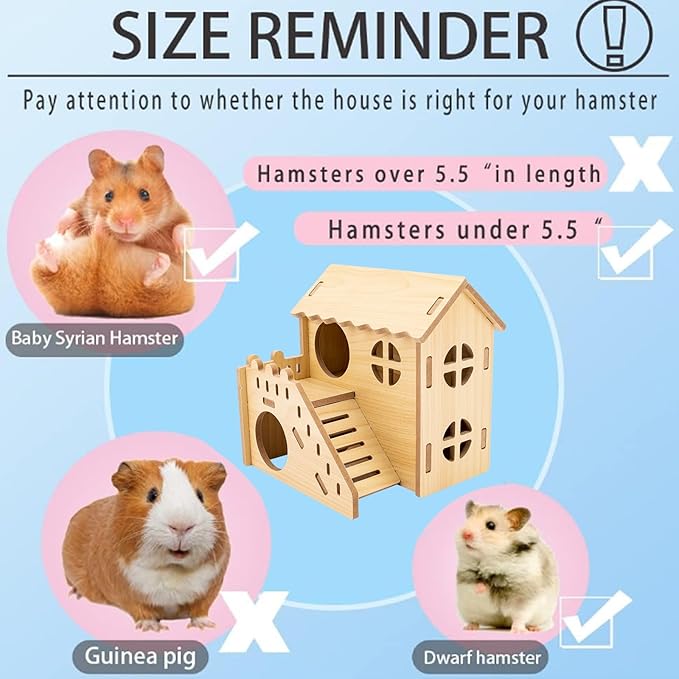 Natural Wood Hamster Habitat Hideout Cage Accessories, Maze Cabin with Fun Slide & Double-Decker House, Exercise Toys for Dwarf Hamsters, Gerbils, Mice, Other Small Animals(Only for Small Hamster E)