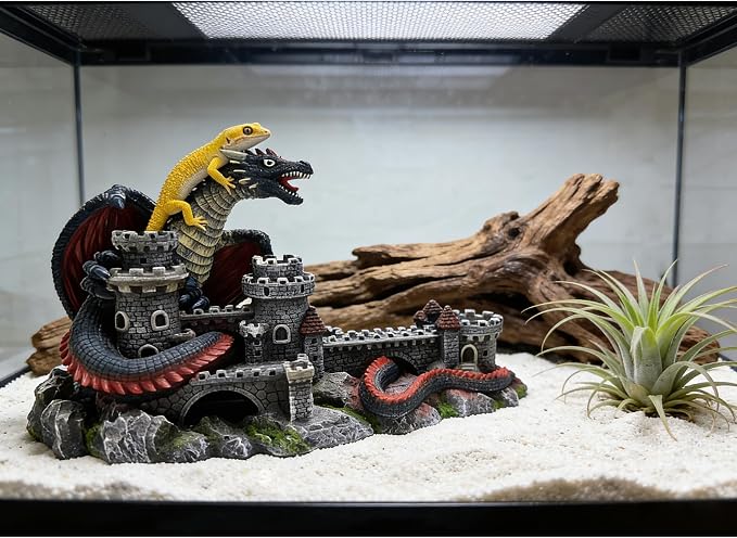 Dragon Castle Aquarium Ornament, Resin Large Fish Tank Decoration with Hiding Caves for Betta, Tropical Fish & Reptiles, Medieval Fantasy Underwater Landscape Decor-10.6 inches in Length
