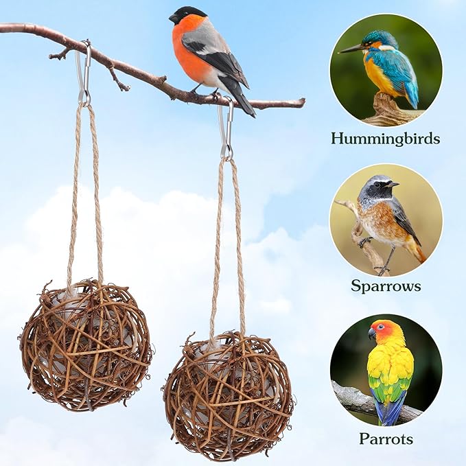 Toddmomy 2Pcs Bird Nest Material Balls Hanging Outdoor Hummingbird Nesting House 3.14In for Outside Garden and Backyard Birding