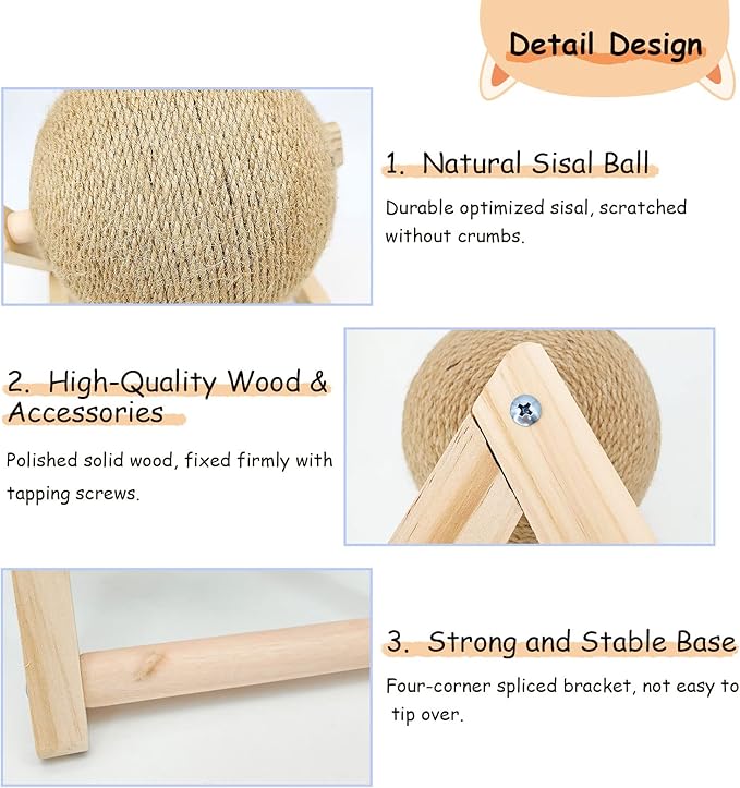 BNOSDM Rabbit Scratch Toy Wooden Natural Sisal Rope Rabbit Scratching Toy Ball Bunny Scratcher with Ball for Rabbits Bunnies Ferrets Kittens Small Animals (Small)