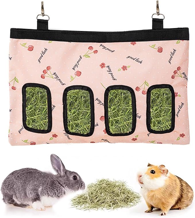 Rabbit Hay Feeder Bag, Large Capacity Rabbit Hay Bag Small Animal Hanging Hay Bag 600D Oxford Cloth Bunny Hay Feeder Bag for Rabbits Guinea Pigs Chinchillas (Pink-4 Holes-1Pcs)