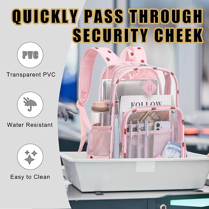 Clear Backpack for Girls Women School Bookbag Heavy Duty Transparent Backpacks (Pink Corduroy Strawberry)