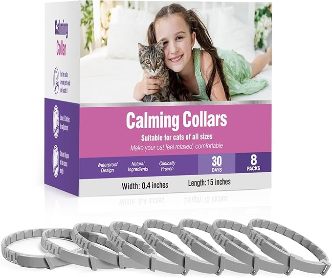 Calming Collar for Cats 8 PK Cat Stress and Anxiety Relief Pheromone Collar for Cats Anti Aggression for Cats Cat Meowing Stopper Cat Calming Collars for 30 Days Adjustable Waterproof Rapid Effect