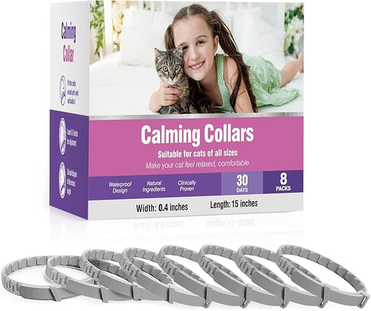 Calming Collar for Cats 8 PK Cat Stress and Anxiety Relief Pheromone Collar for Cats Anti Aggression for Cats Cat Meowing Stopper Cat Calming Collars for 30 Days Adjustable Waterproof Rapid Effect