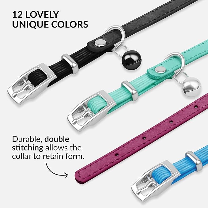 CollarDirect Leather Cat Collar with Removable Bell – Safety Elastic Strap (Breakaway Alternative) – Kitten Collar for Small & Big Boy & Girl Cats